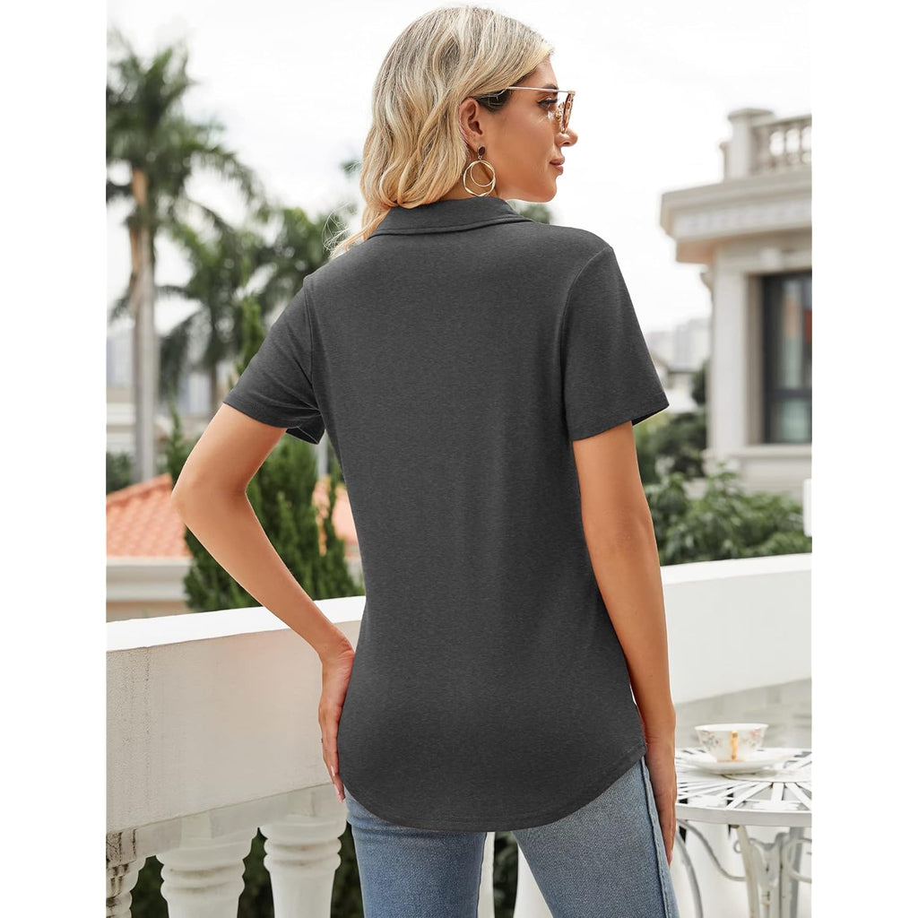 Women's Polo Shirts Lapel Collar V Neck Short Sleeve Blouse Dressy Casual Tunic Tops