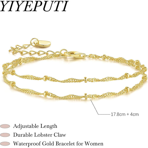 14K Gold Bracelets for Women Gold Bracelets for Women Beaded Bracelet for Womens Double-Layer Twisted Design Cuban Link Layered Bracelet for Womens Adjustable Size (7-8.6) in