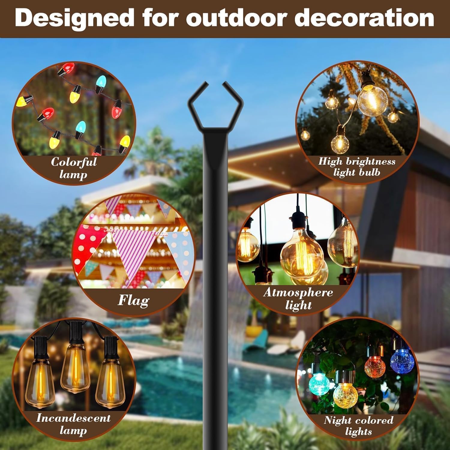 Ailbton 10Ft String Light Poles 4 Pack,Light Poles For Outside Lights,Outdoor With Fence Brackets Hanging Lights,Metal Stand Deck Patio Backyard