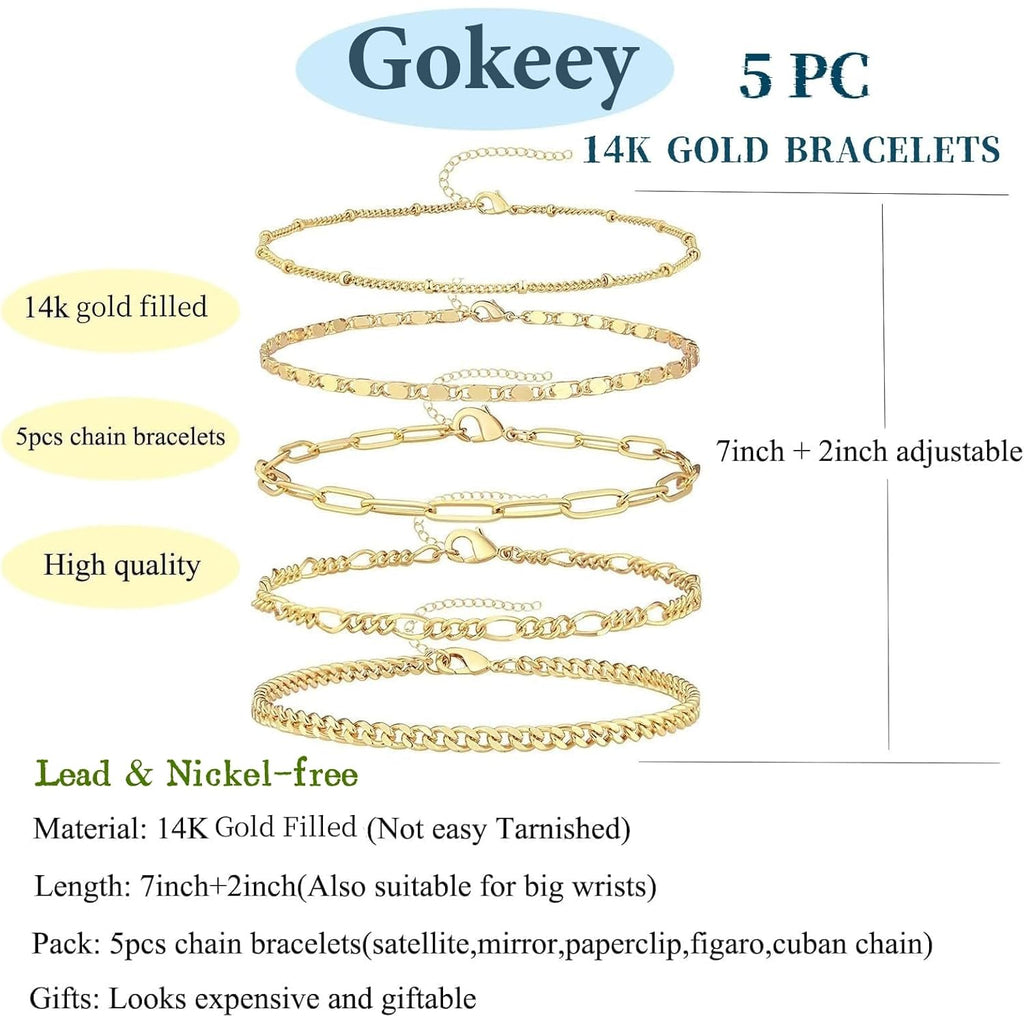 Gokeey Gold Bracelets Set for Women Non Tarnish Trendy,14K Gold Plated Dainty Stackable Paperclip Cuban Link Chain Bracelets, Simple Cute Cuff Bracelets Jewelry Set Adjustable 7"+2"