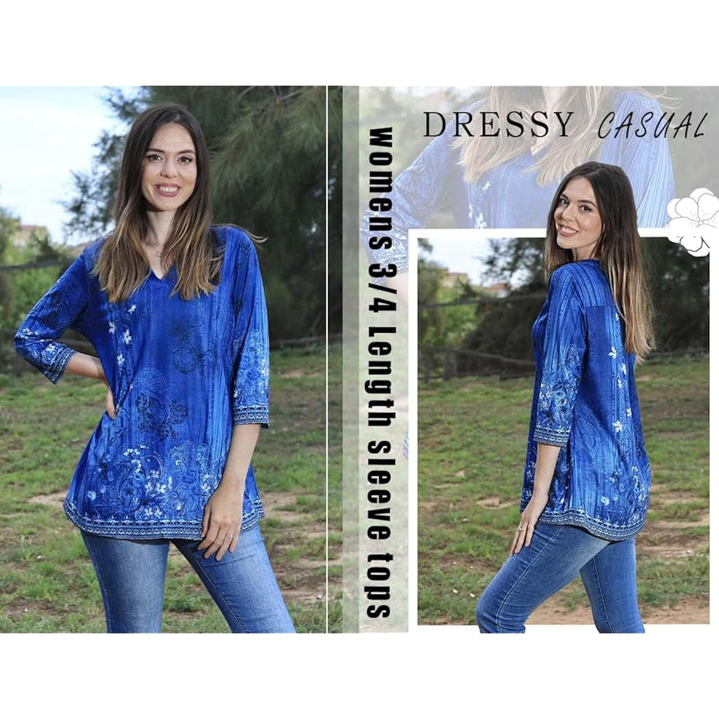 Womens 3/4 Length Sleeve Tops V Neck Tunic Casual Dressy Blouse Floral Printed Shirts