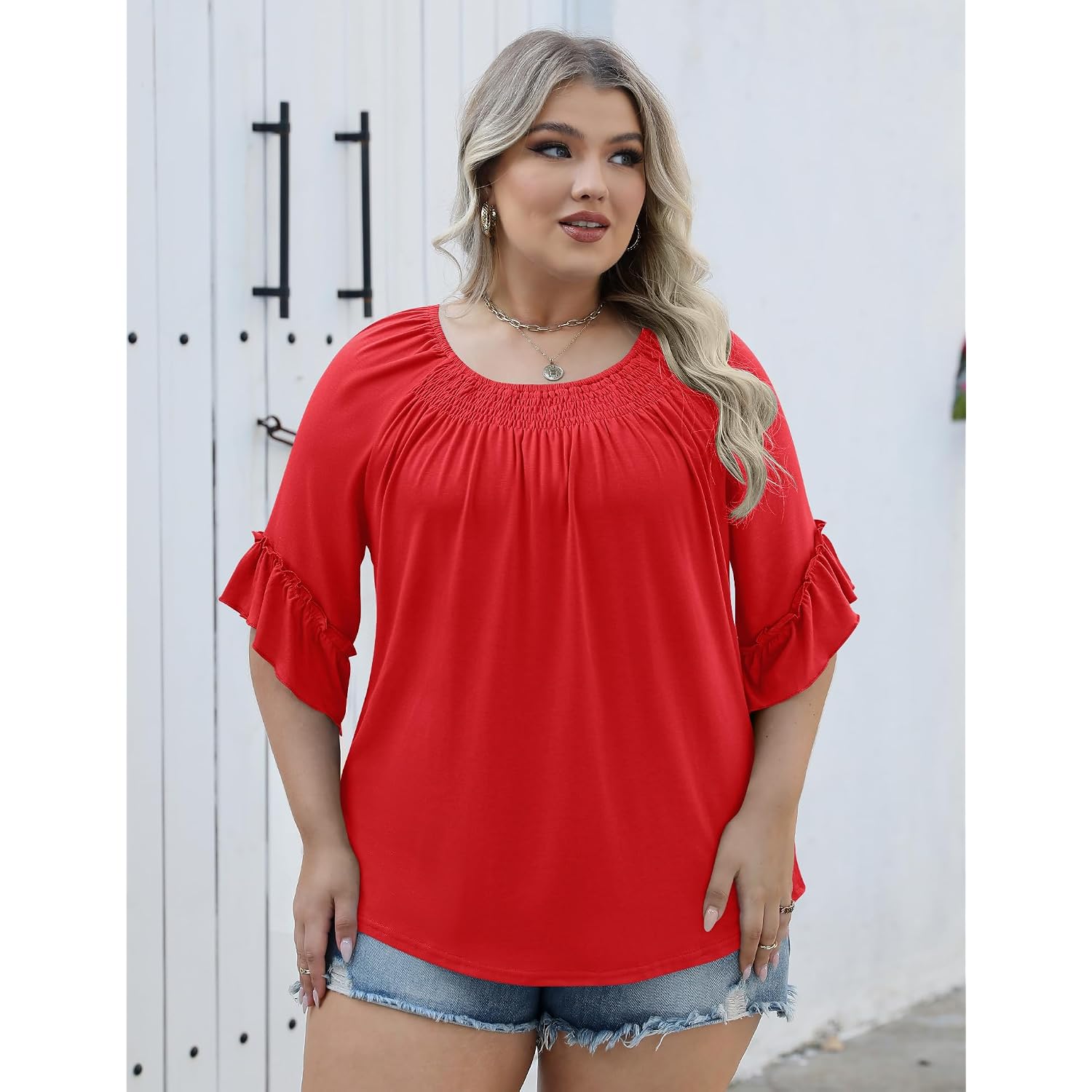 Micoson Womens Plus Size Tops 3/4 Ruffle Sleeve Shirts Crewneck Pleated Blouses Dressy Casual Fashion Tunic Top (1X-5X)