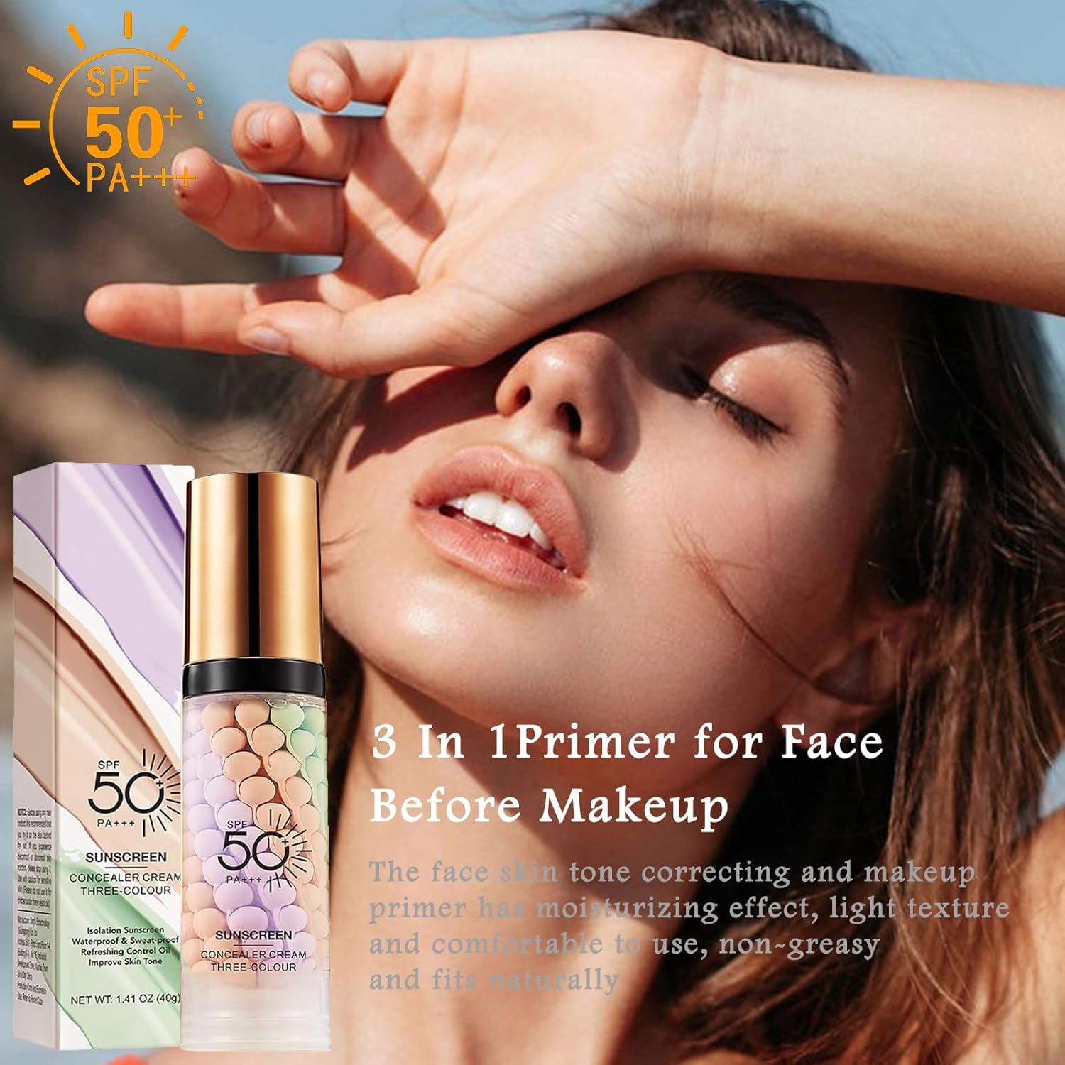 3 In 1 Primer for Face Before Makeup, Sunscreen Isolation Cream Face Tinted Moisturizer, SPF 50,One Step Color Corrector, Makeup Primer Oil Control & Concealer Skin Tone Correcting,Radiance Skin