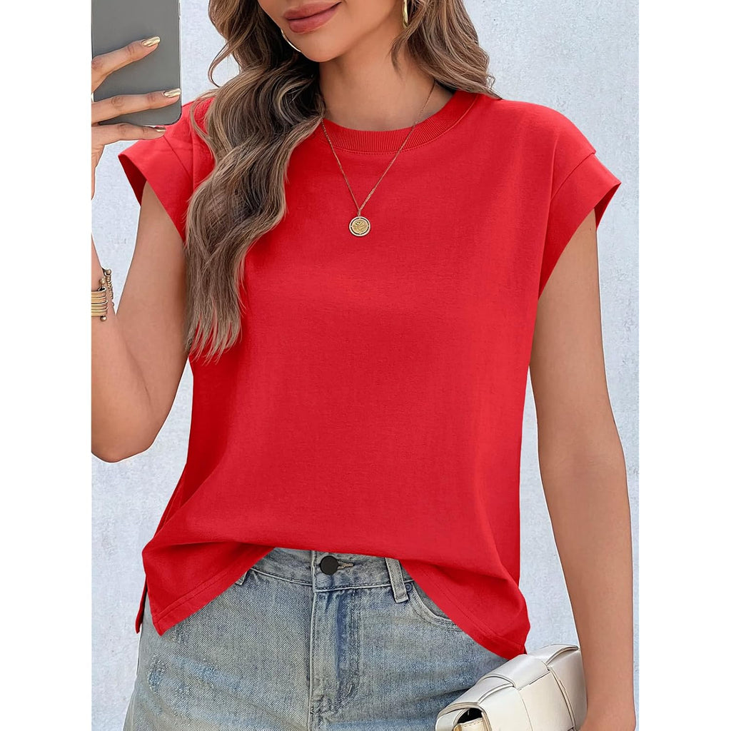 Cicy Bell Womens Cap Sleeve Tops Summer Casual Cotton T Shirts Loose Fit Crew Neck Basic Tee