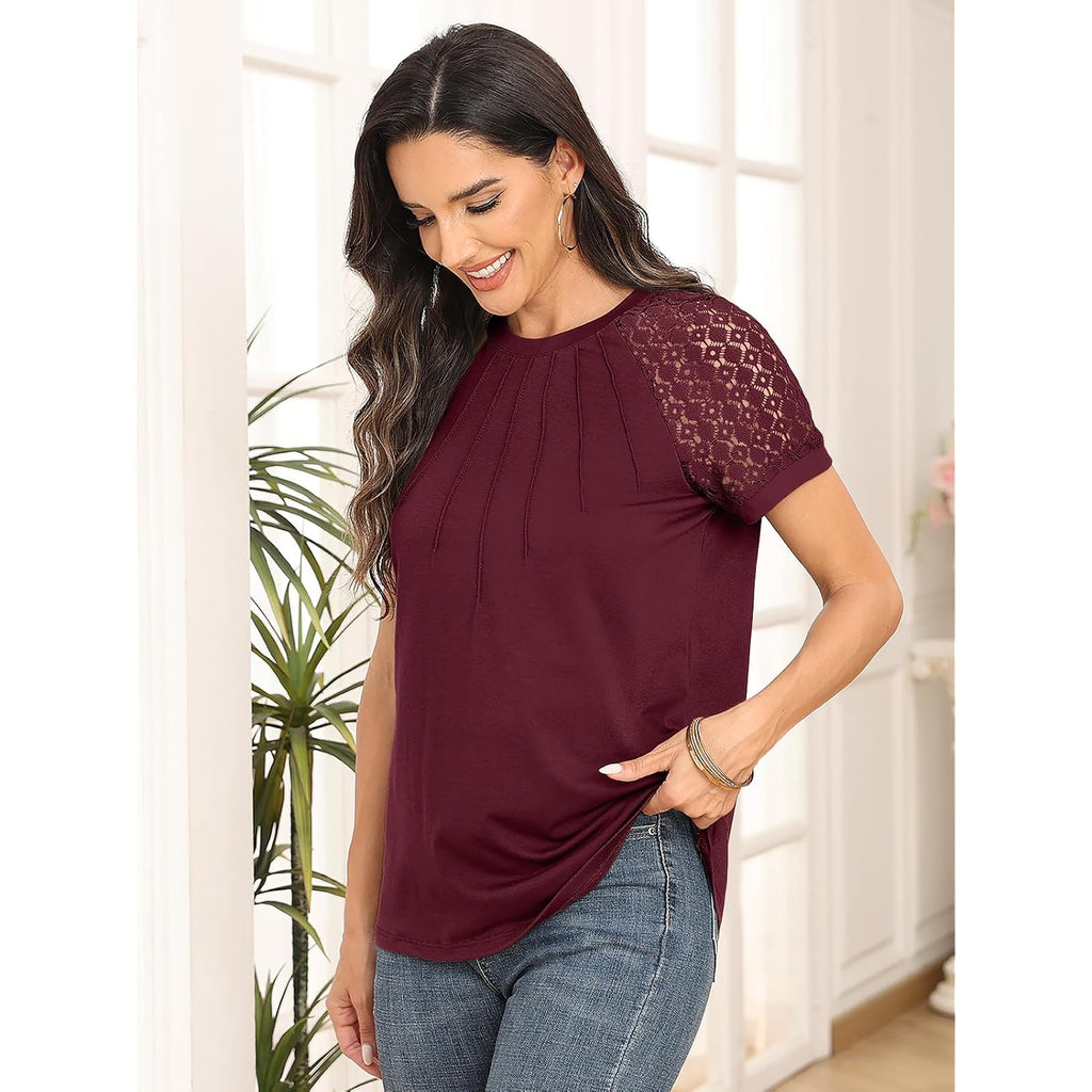 Automet Women'S Lace Short Sleeve Tops - Pleated Business Casual Work Shirts For Summer