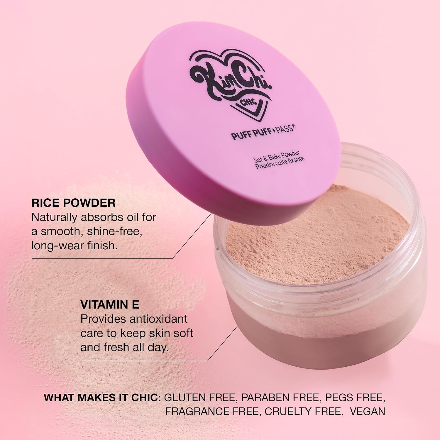 Kimchichic Beauty Puff Puff Pass Set And Bake Setting Powder For Makeup, Extra Fluffy Loose Face Powder Poof, Soft Natural Face Makeup For Uneven Skin Tone, 09 Pink