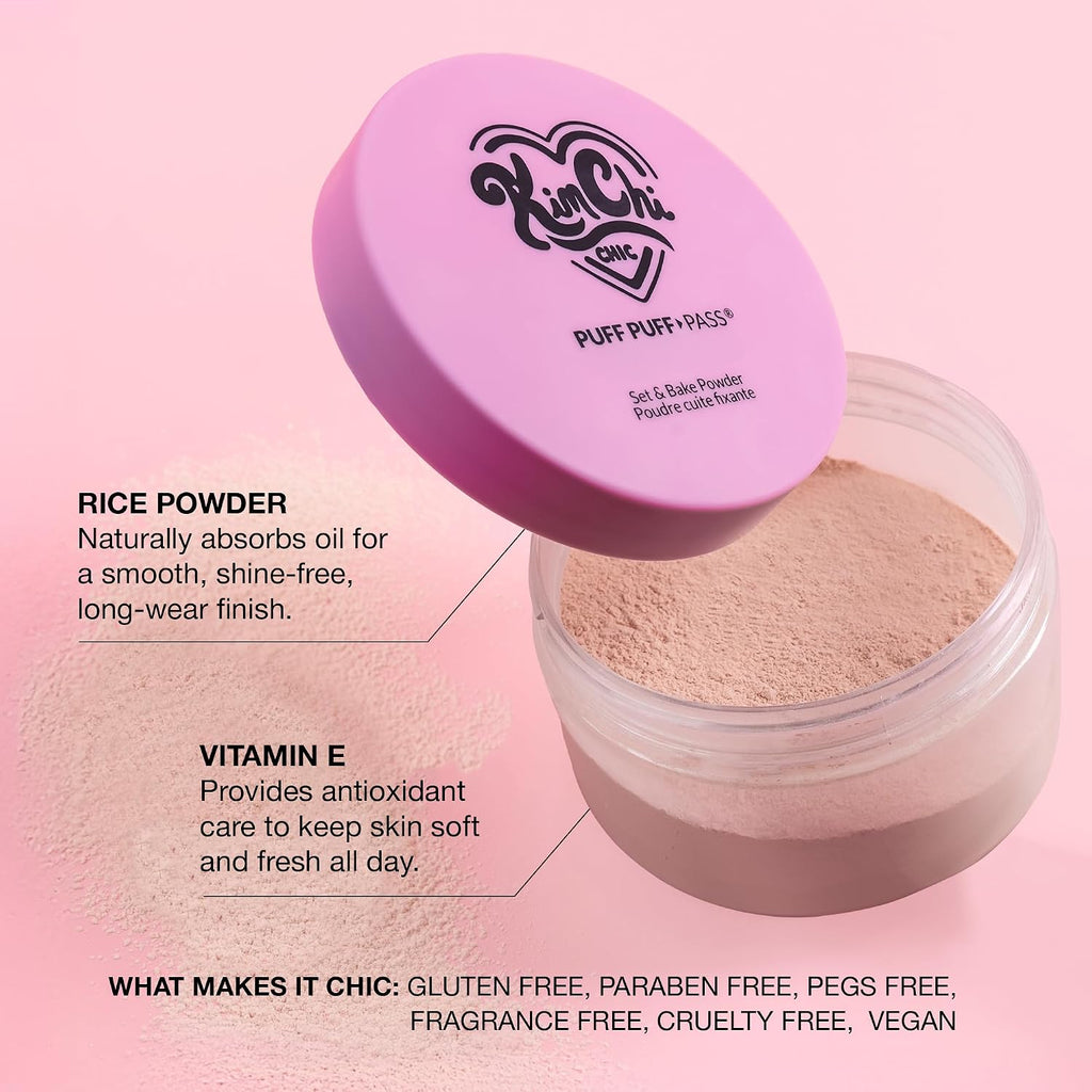 Kimchichic Beauty Puff Puff Pass Set And Bake Setting Powder For Makeup, Extra Fluffy Loose Face Powder Poof, Soft Natural Face Makeup For Uneven Skin Tone, 09 Pink