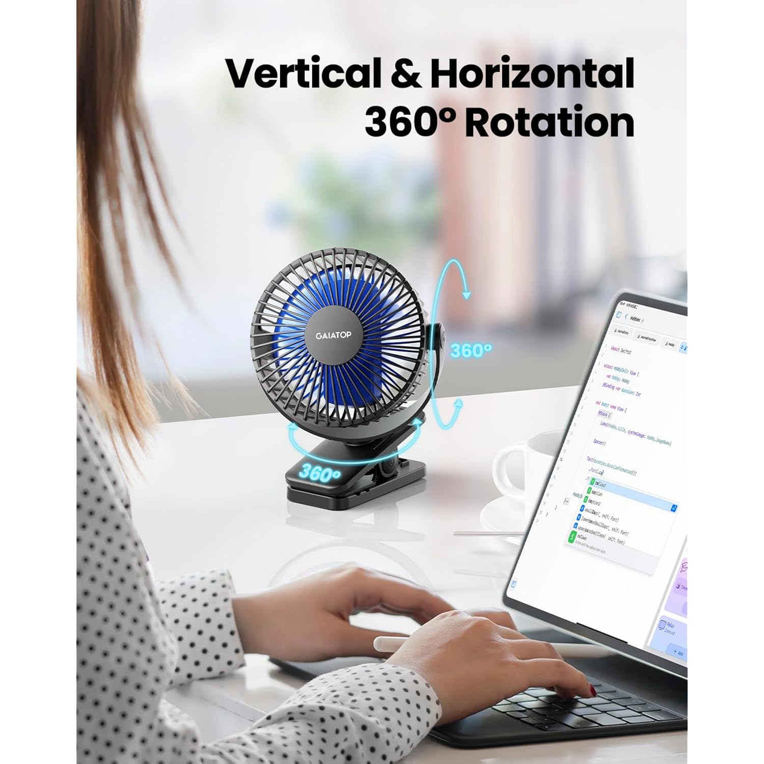 Gaiatop Portable Clip On Fan, Mini Personal Rechargeable Fan Black Blue | Battery Operated, Small 3 Speed Quiet 360° Rotate, Cooling For Desk Table Home Office Stroller Camping Women Gifts
