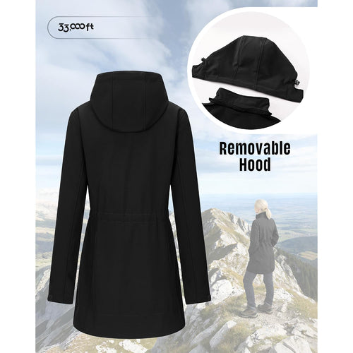 33,000Ft Women'S Waterproof Softshell Long Rain Jacket With Hood Fleece Lined Windproof Windbreaker