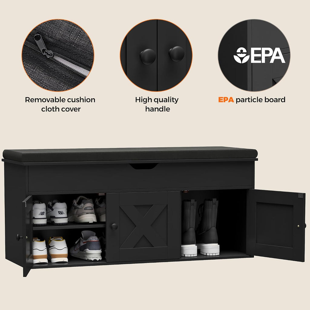 Shoe Storage Bench With Lift Top & 3 Barn Doors, Entryway Bench With Removable Cushion, Adjustable Shelf, Hidden Storage Cabinet For Hallway, Living Room, Bedroom - Black
