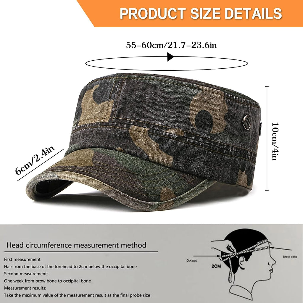 Military Cadet Army Cap For Men Women – Washed Cotton Vintage Adjustable Flat Top Hat