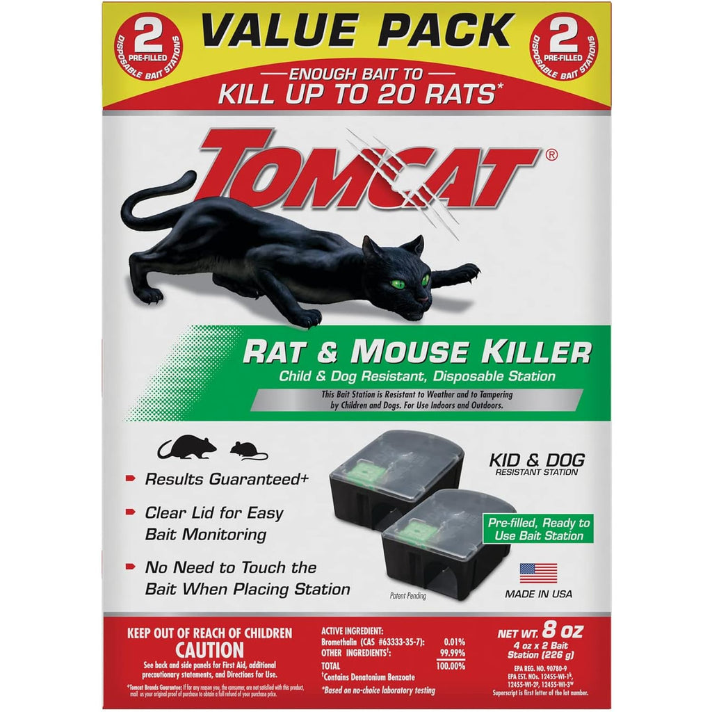Tomcat Rat & Mouse Killer, Child & Dog Resistant, Disposable Station, 8 Oz. | 2 Pre-Filled Ready-To-Use Bait Stations, Indoor And Outdoor Use, Weather Resistant, Easy Monitoring, Value Pack