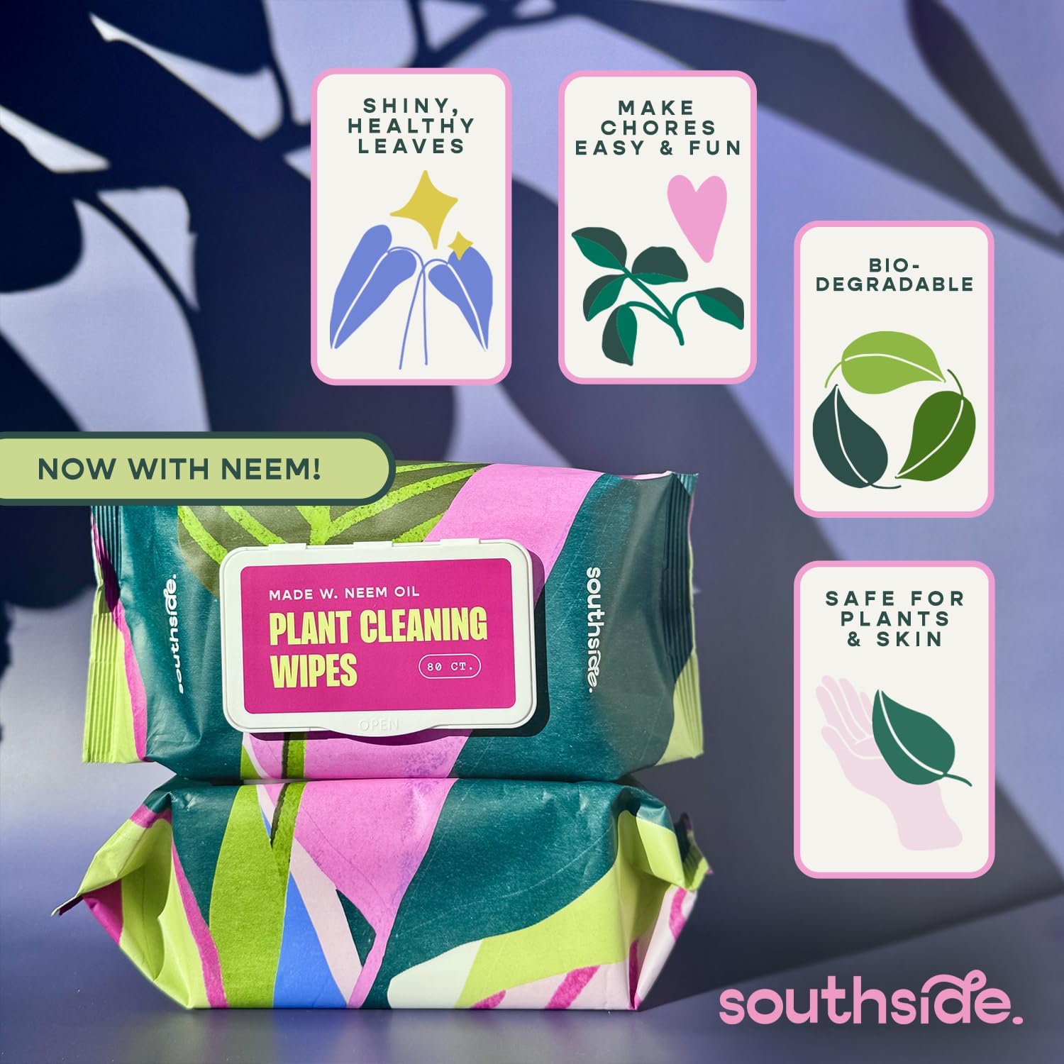 Southside Neem Oil Infused Plant Cleaning Wipes – Unscented Plant-Based Leaf Wipes For Indoor & Outdoor Plants That Protect Plants, Promote Shiny Leaves & Better Photosynthesis, 80 Ct