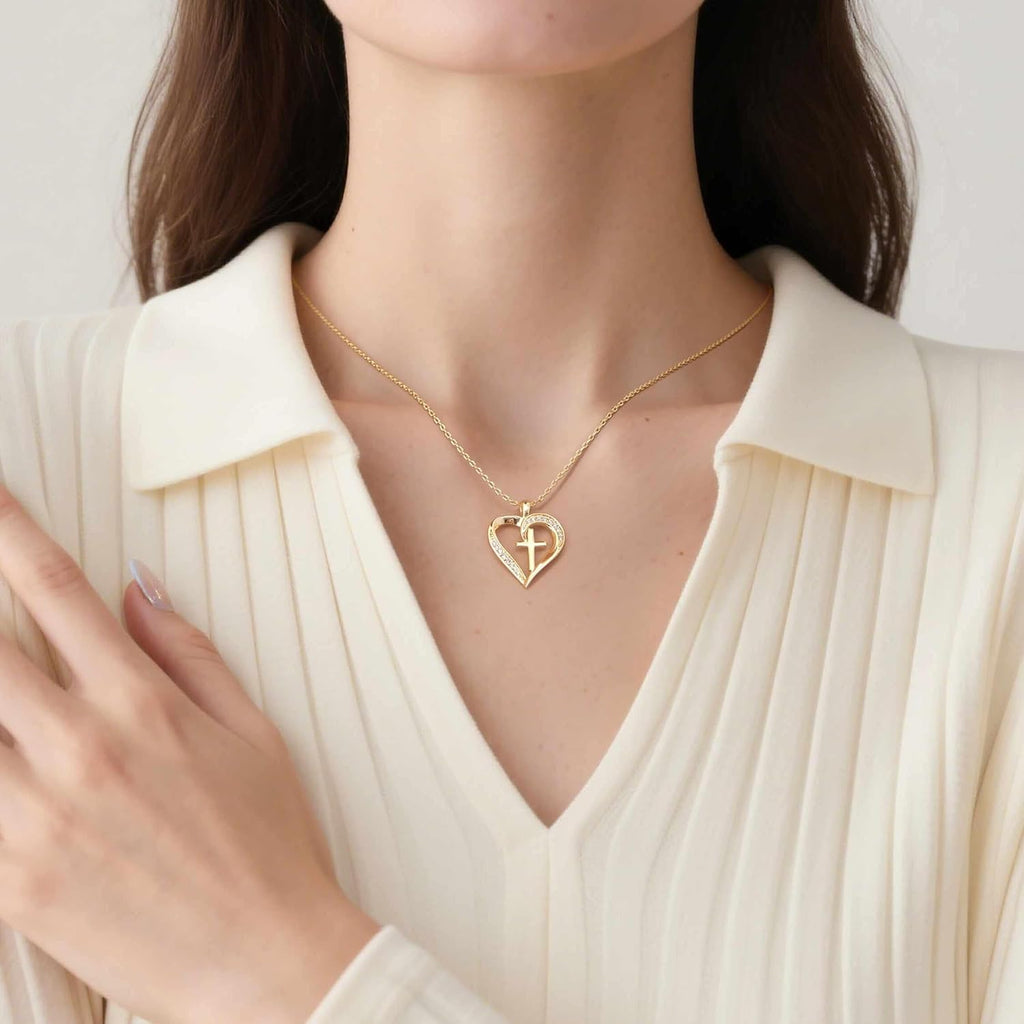 Cross Necklace for Women 14K Gold Cross Necklaces for Women Gold Heart Necklaces for Womens Crosses Chain Pendant Combine Classic Elements of Romantic and Faith Chain Crosses Heart Necklace for Womens 17.7+1.7in