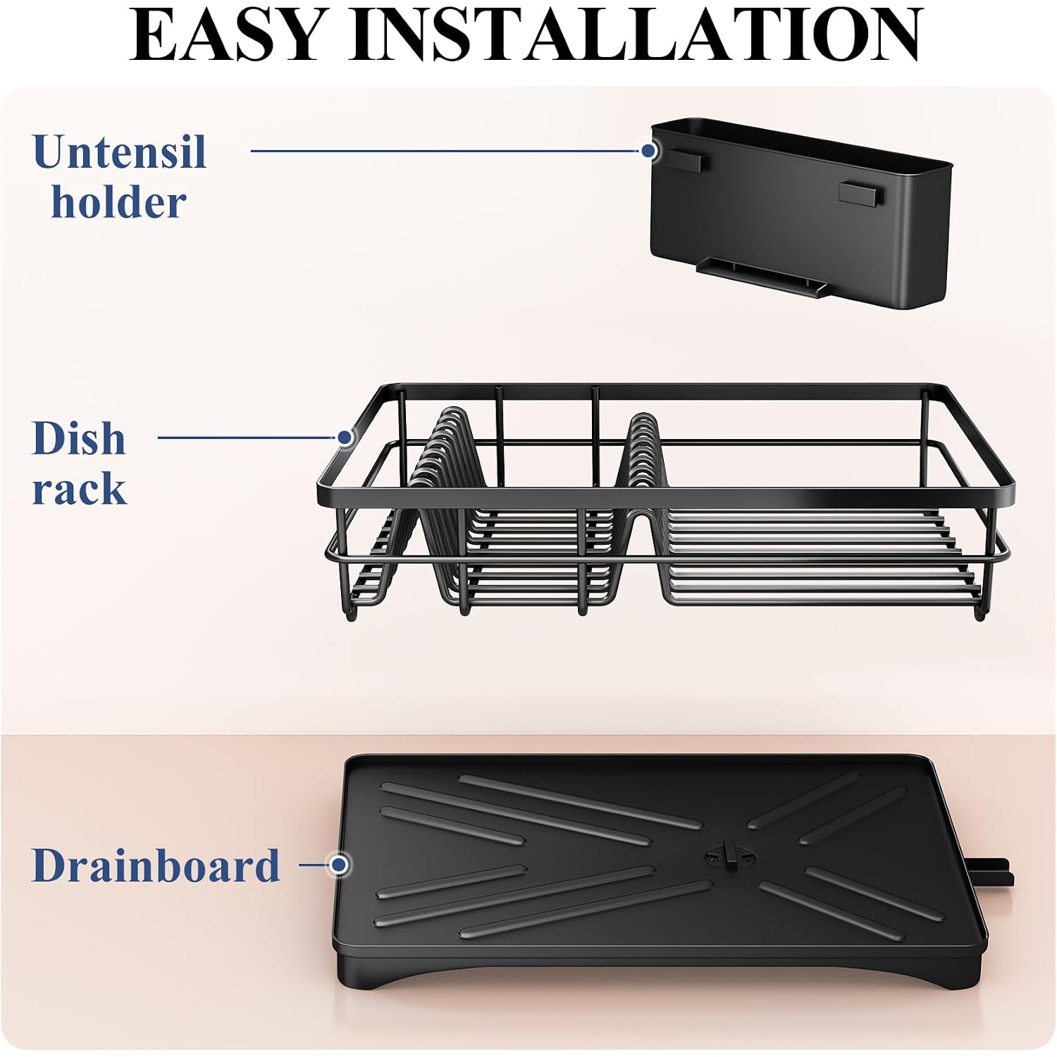 Sntd Dish Drying Rack For Kitchen Counter - Large Dish Rack With Drainboard, Rustproof Dish Drainer With Utensil Holder For Sink, Black
