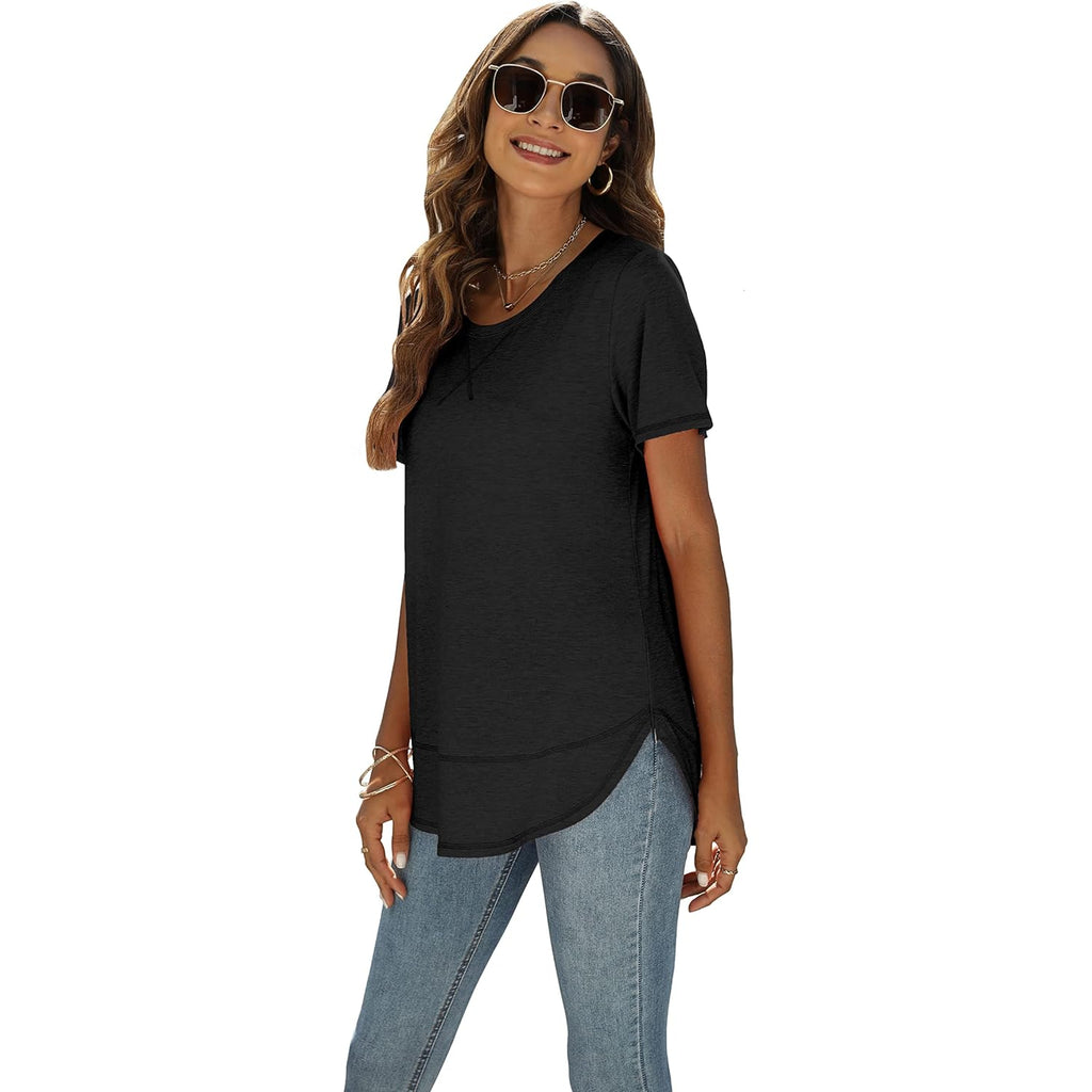 Summer Tops for Women Short Sleeve Crewneck Tshirts Side Split Loose Fit Tunic Shirts