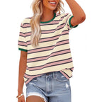 Btfbm Summer Tops For Women 2026 Crewneck Short Sleeve Striped T Shirts Casual Spring Clothes Color Block Basic Tee Blouses