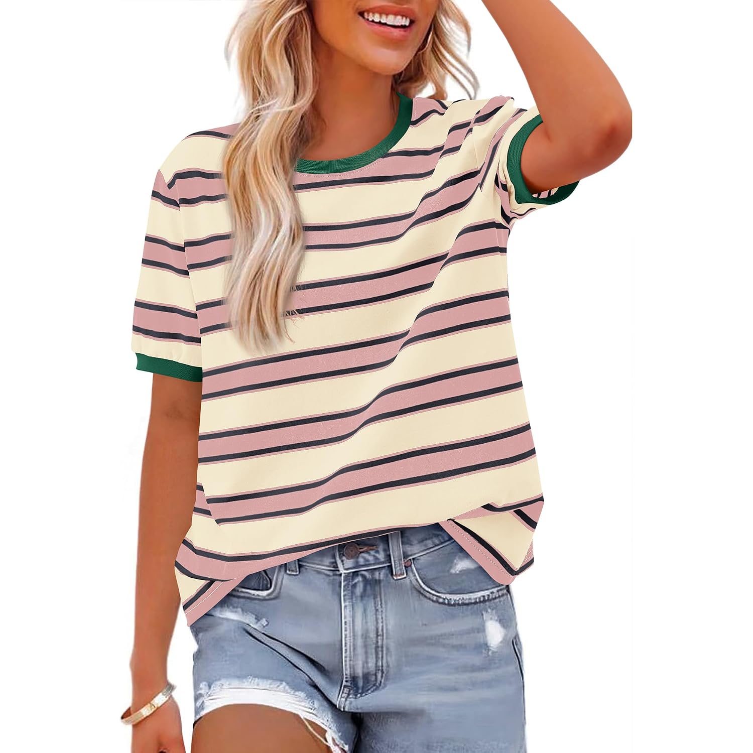 Btfbm Summer Tops For Women 2026 Crewneck Short Sleeve Striped T Shirts Casual Spring Clothes Color Block Basic Tee Blouses