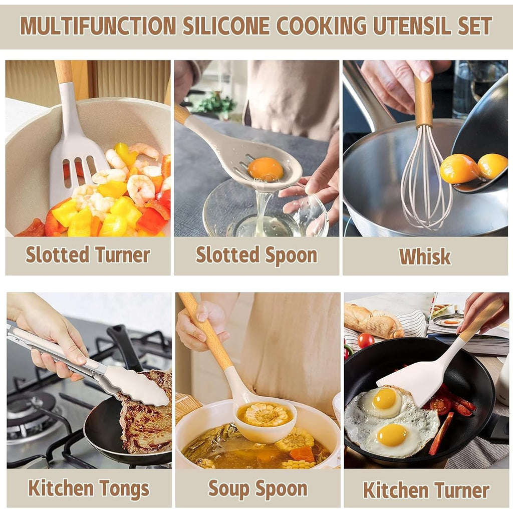 Umite Chef Kitchen Cooking Utensils Set, 33 Pcs Non-Stick Silicone Cooking Kitchen Utensils Spatula Set With Holder, Wooden Handle Silicone Kitchen Gadgets Utensil Set (Khaki)