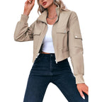 Fisoew Women'S Cropped Bomber Jackets Lightweight Zip Up Stand Collar Long Sleeve Short Jacket With Pockets