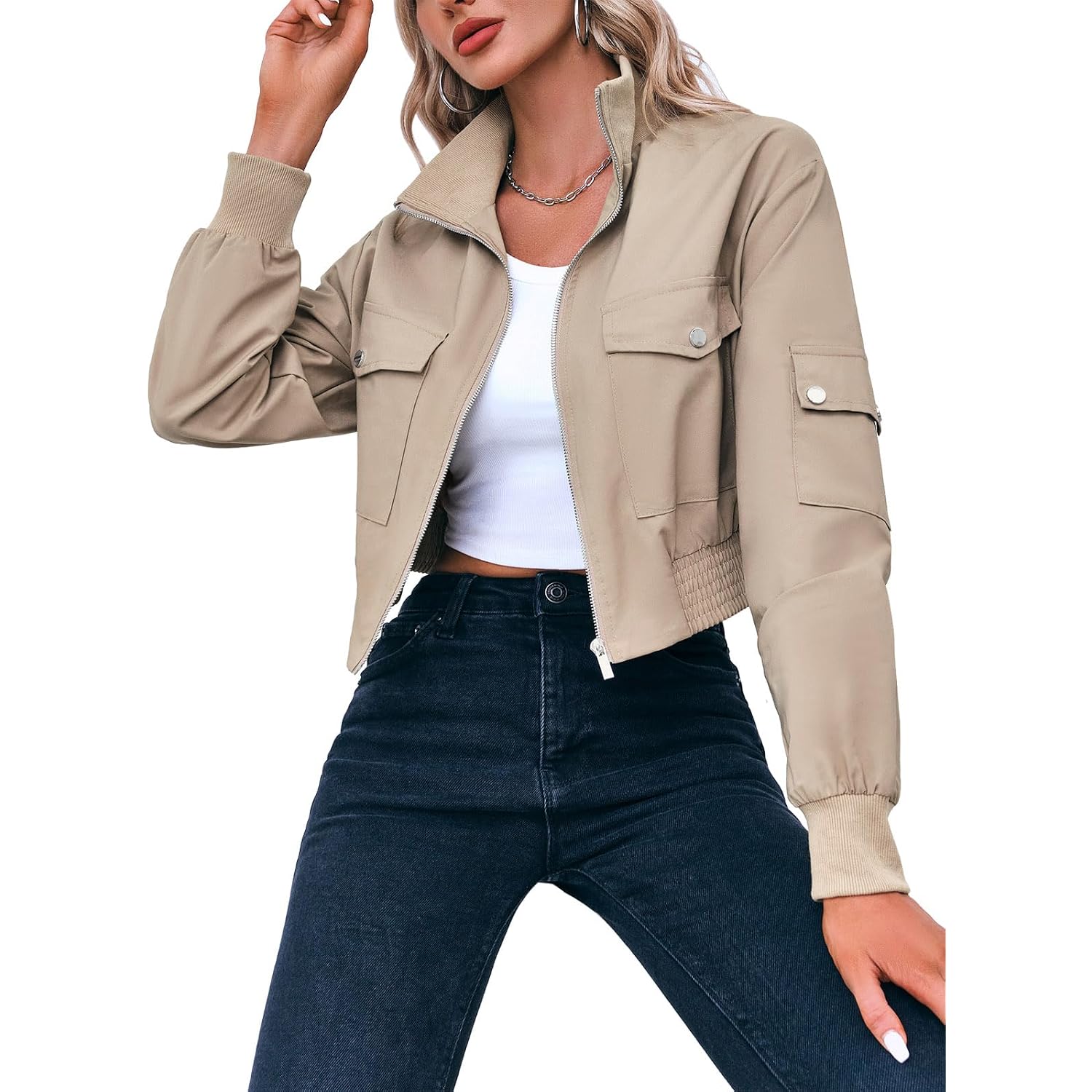 Fisoew Women'S Cropped Bomber Jackets Lightweight Zip Up Stand Collar Long Sleeve Short Jacket With Pockets