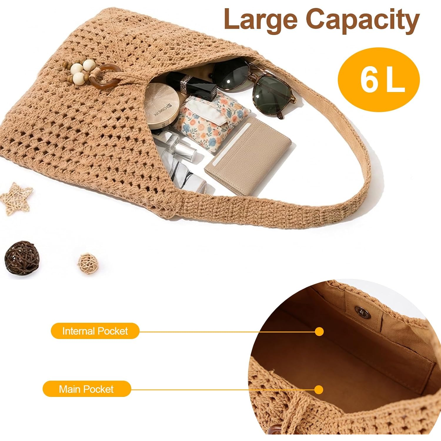 Peicees Crochet Summer Purse, Boho Woven Purse For Travel Beach Vacation Cruise Knit Shoulder Bag For For Women Ladies
