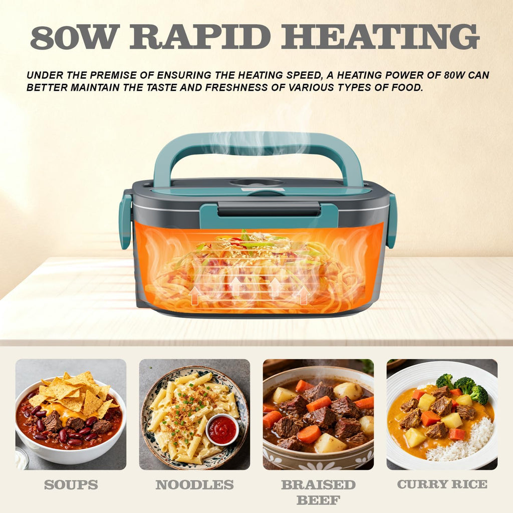 Buddew Electric Heated Lunch Box, 80W Fast Heating, 1.5L Food-Grade 304 Stainless Steel, 12V/24V/110V Portable Food Warmer for Car Truck Office Adults, Lonchera Electrica Portatil (Green)