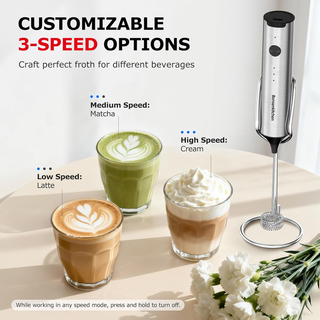 Bonsenkitchen Rechargeable Milk Frother with Stand, 3-Speed Handheld Coffee Frother, Dual Spring Whisk Electric Hand Frother Wand Drink Mixer for Matcha Lattes Cappuccino, Kitchen Gifts