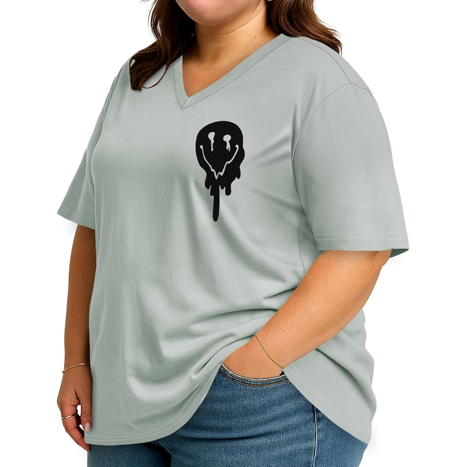 rosemia Plus Size Tops for Women Oversized Casual Tops V Neck Short Sleeves Basic Tees 2026 Green Smile