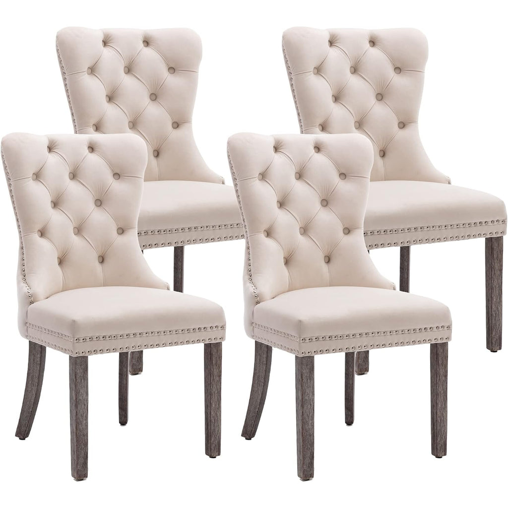 Velvet Dining Chairs Set Of 4, Upholstered High-End Tufted Dining Room Chair With Nailhead Back Ring Pull Trim Solid Wood Legs, Nikki Collection Modern Style For Kitchen, Beige