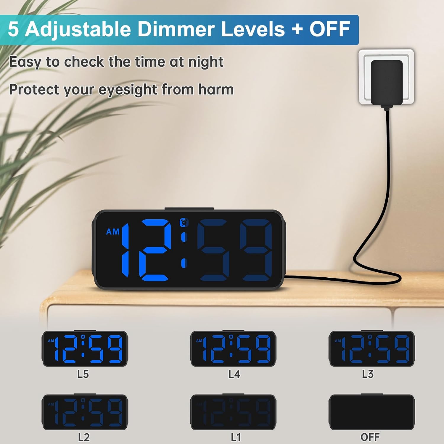 Peakeep Small Compact Digital Alarm Clock Plug-In For Bedrooms Bedside | Battery Backup Electric Clock, Large Big Numbers Display For Desk Table Small Spaces, 6 Dimmers, 5 Adjustable Alarm Volume