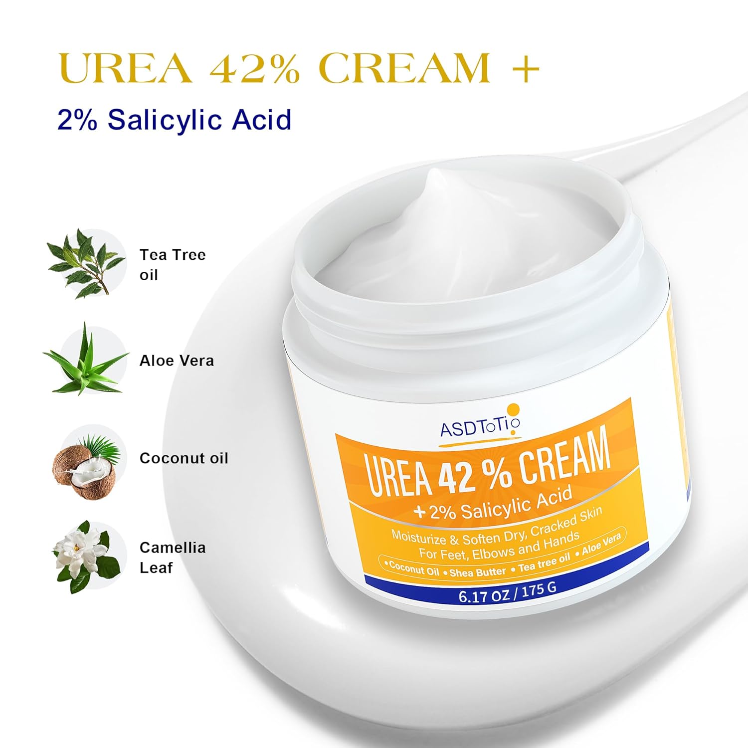 ASDToTio Urea Cream 42% - Foot Care for Dry Cracked Heels, Foot Lotion - With 2% Salicylic Acid, Tea Tree Oil, Shea Butter, Aloe Vera - For Feet, Hands, Heels, Elbows, Knees and More - 6 oz