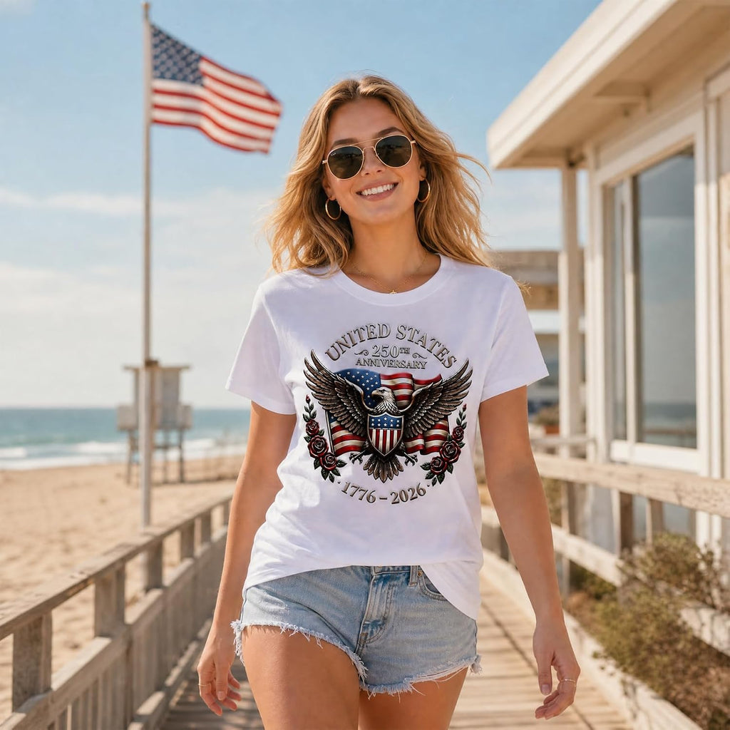 250th USA Anniversary T Shirt for Women, 4th of July Patriotic Eagle Flag Tee, 1776-2026 Short Sleeve Top S-2XL