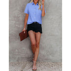 Womens Button Down Shirts Short Sleeve Summer Oxford V Neck Collared Button Up Casual Blouses Tops With Pocket