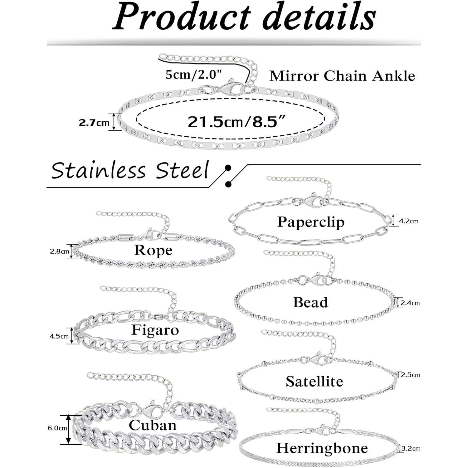 Tornito 8Pcs Ankle Bracelets for Women Stainless Steel Waterproof Layered Cuban Figaro Link Chain Rope Paperclip Herringbone Satellite Bead Anklets Set Summer Beach Jewelry Gold Silver Tone 8.5 Inch