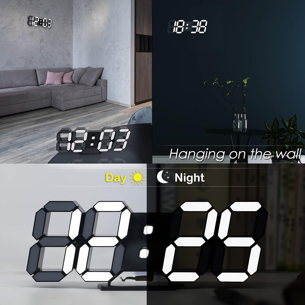 Digital Clock 3D Led Wall Clock For Living Room Decor 9.7" Alarm Clocks Black Clock Wall Decor Digital Wall Clock,Remote Control/Dimmer/Date/Temperature