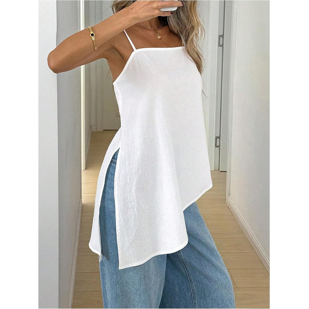 SHENHE Women's Summer Long Camisole Top Asymmetrical Split Hem Spaghetti Strap Cami Tank