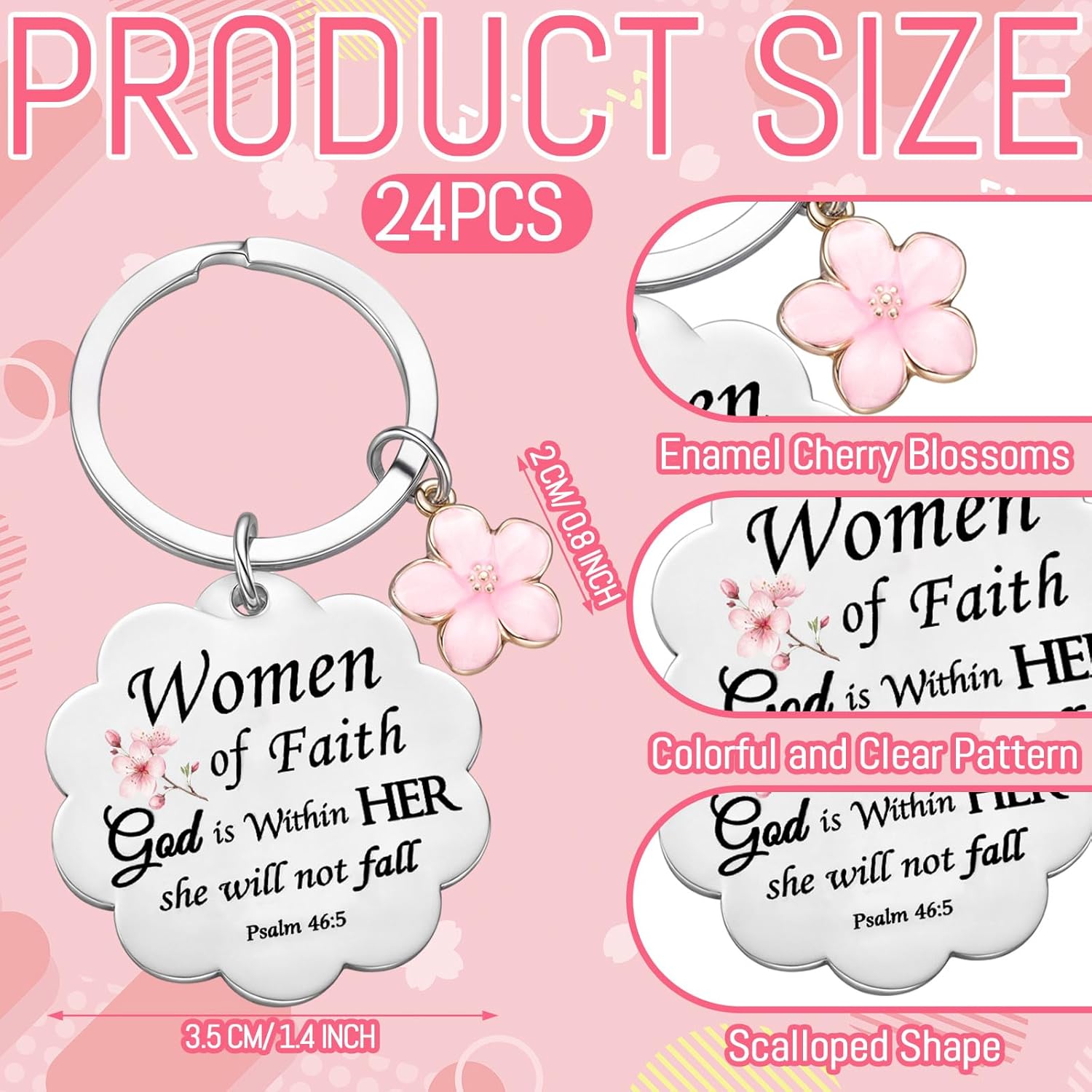 Cunno Christian Gifts Bulk Mother's Day Church Gifts Religious Keychain Bulk Scalloped with Enamel Sakura Woman of Faith