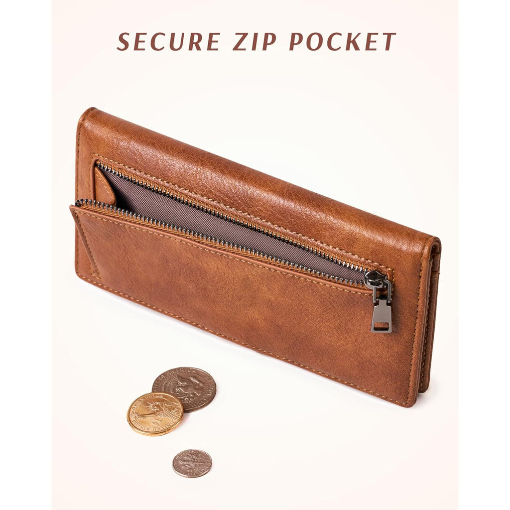 Unilily Slim Wallet Women RFID Blocking Vegan Leather Bifold Clutch Wallet Credit Card Holder with 2 ID Windows & Zip Pocket (Brown)