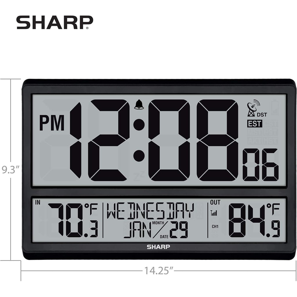 Sharp Atomic Clock - Never Needs Setting! –Easy To Read Numbers - Indoor/Outdoor Temperature, Wireless Outdoor Sensor - Battery Powered - Easy Set-Up (4" Numbers)