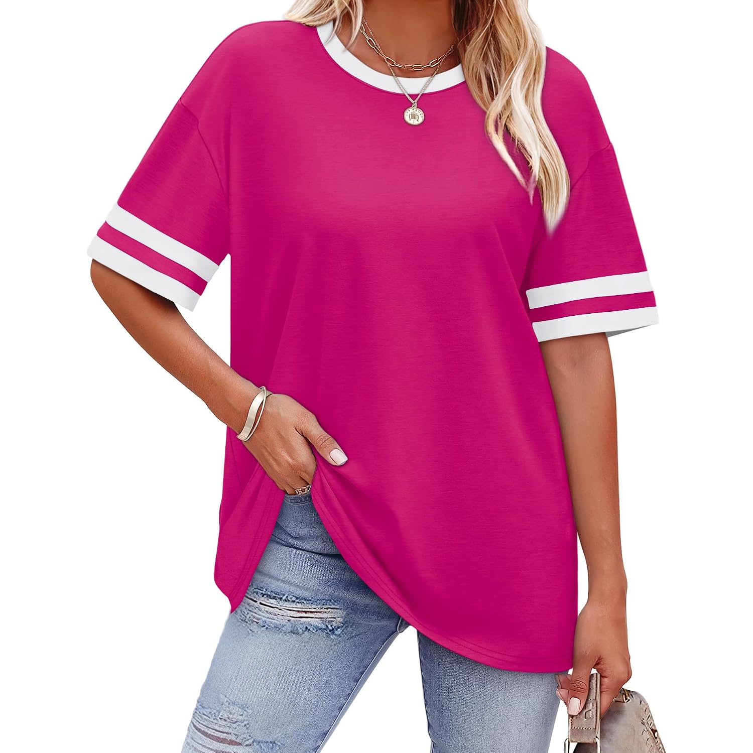 Wiholl Womens T Shirts Loose Fit Short Sleeve Tees Crew Neck Color Block Summer Tops 2026 Fashion