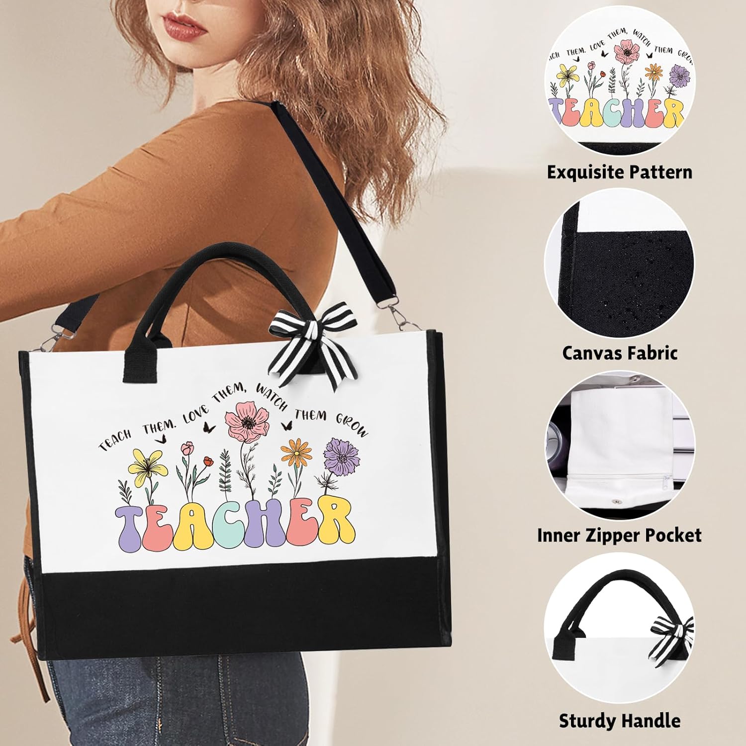 iAOVUEBY Teacher Appreciation Gifts, Best Teacher Gifts for Women, End of Year Teachers Gift from Student, Teachers Birthday Retirement Christmas Thank You Gift Baskets for Women, Canvas Tote Bag