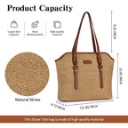 Tote Bag For Women,Large Capacity Straw&Vegan Leather Tote Purses For Women,Shoulder Bags For Daily Travel Work Beach
