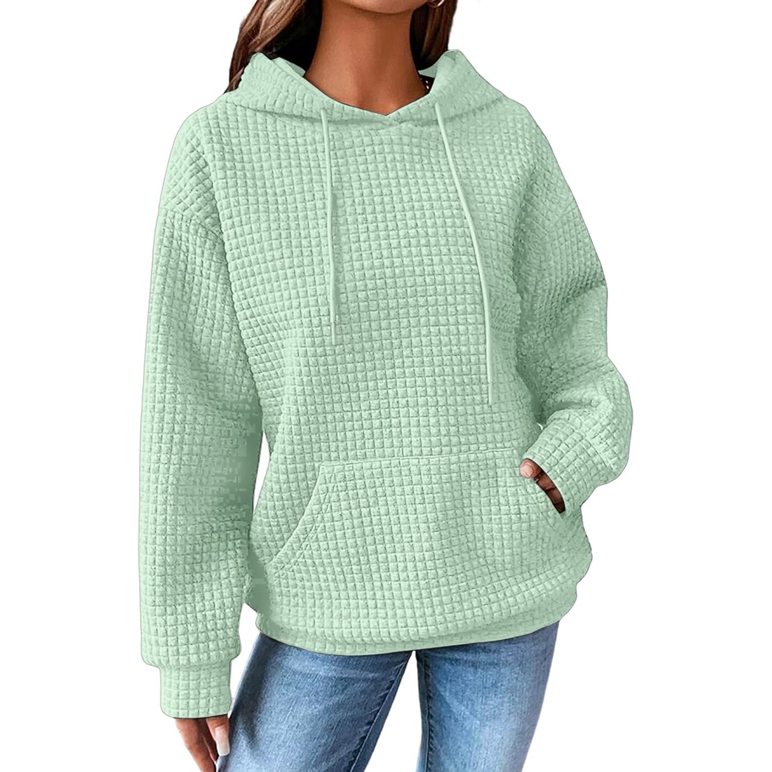 Shewin Womens Hoodies Casual Drawstring Waffle Pullover Tops Loose Hooded Sweatshirt With Pocket 2026