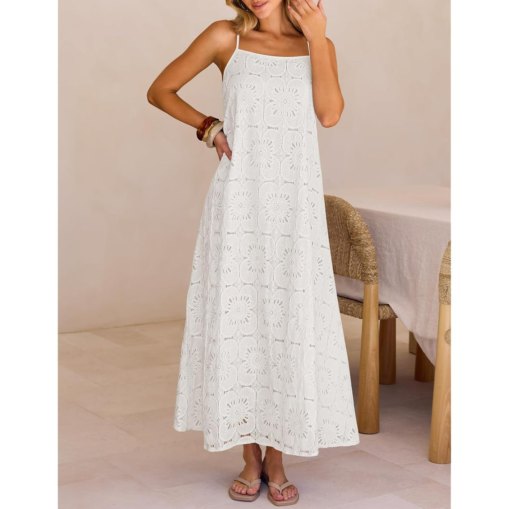 Merokeety Women'S Summer Spaghetti Straps Sundress 2026 Casual Sleeveless Floral Lace Eyelet Boho Beach Maxi Dress