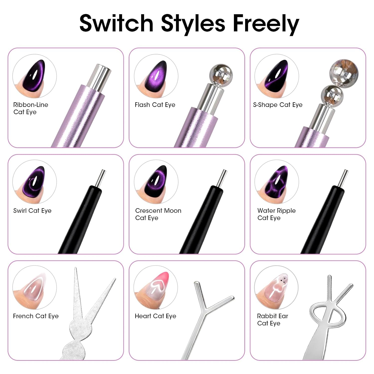 Gellen Cat Eye Magnet for Nails, Strong Magnetic Nail Magnet Set with Double Ended Magnet Pen, 8mm 10mm Ball Magnets, French Tip Cat Eye Guide Plate, Bunny & Heart Design Plates for Gel Nail Polish