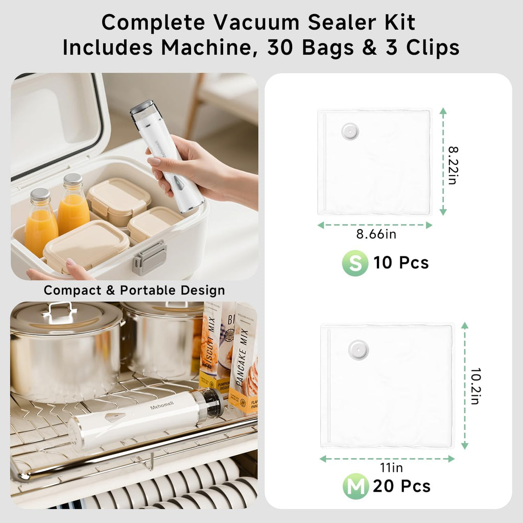 Compact Vacuum Sealer For Food (Vacuum Sealer Machine + 30 Reusable Vacuum Bags), Powerful Handheld Vacuum Sealer Machine, Seal Food 6X Fresh Longer, Portable & Wireless, Easy-Clean