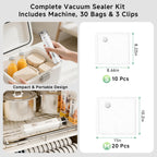Compact Vacuum Sealer For Food (Vacuum Sealer Machine + 30 Reusable Vacuum Bags), Powerful Handheld Vacuum Sealer Machine, Seal Food 6X Fresh Longer, Portable & Wireless, Easy-Clean