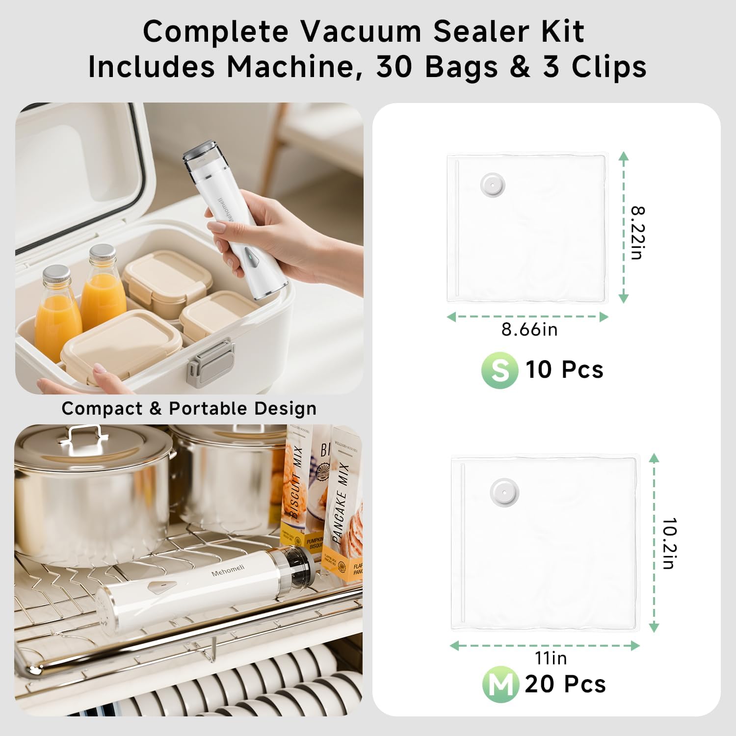 Compact Vacuum Sealer For Food (Vacuum Sealer Machine + 30 Reusable Vacuum Bags), Powerful Handheld Vacuum Sealer Machine, Seal Food 6X Fresh Longer, Portable & Wireless, Easy-Clean