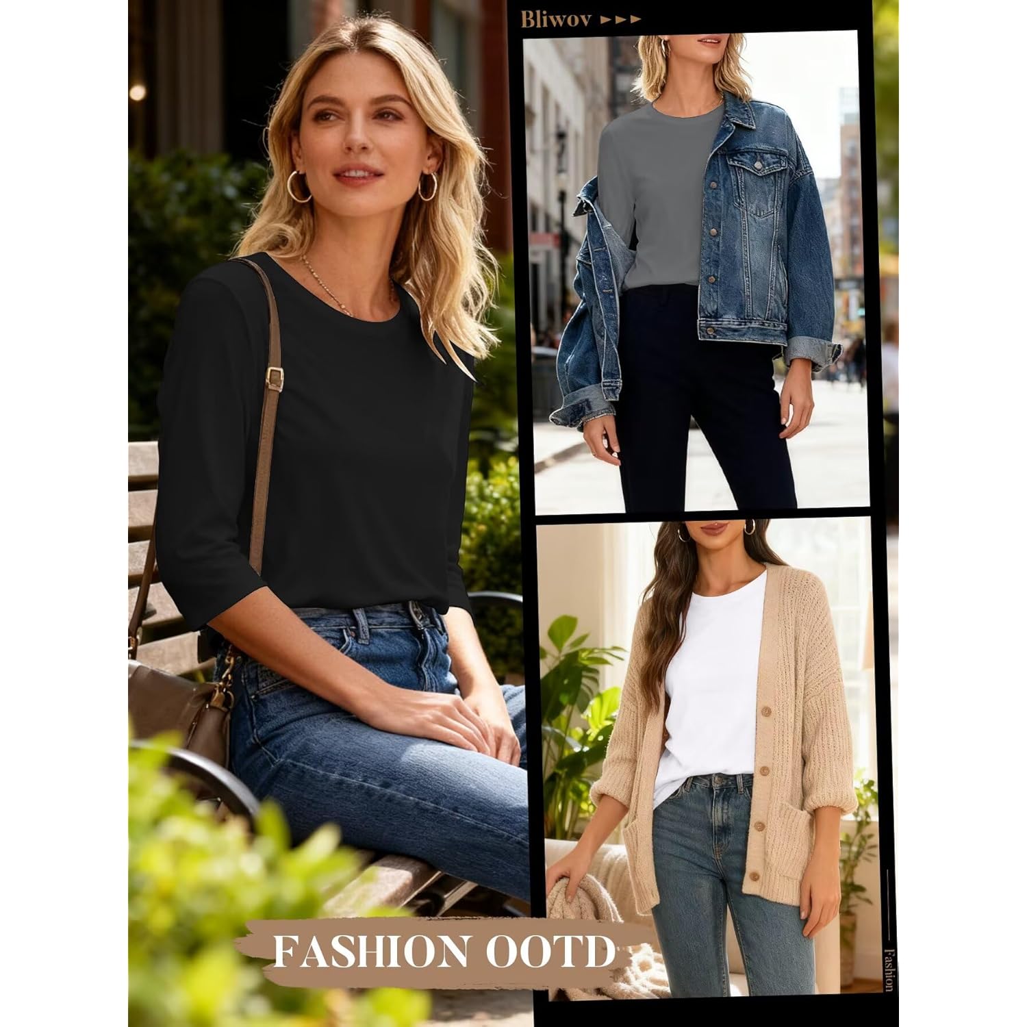 3 Pack 3/4 Sleeve Tops for Women Crewneck Basics Casual Work Tees Spring Summer Trendy T Shirts 2026 Clothes Blouses